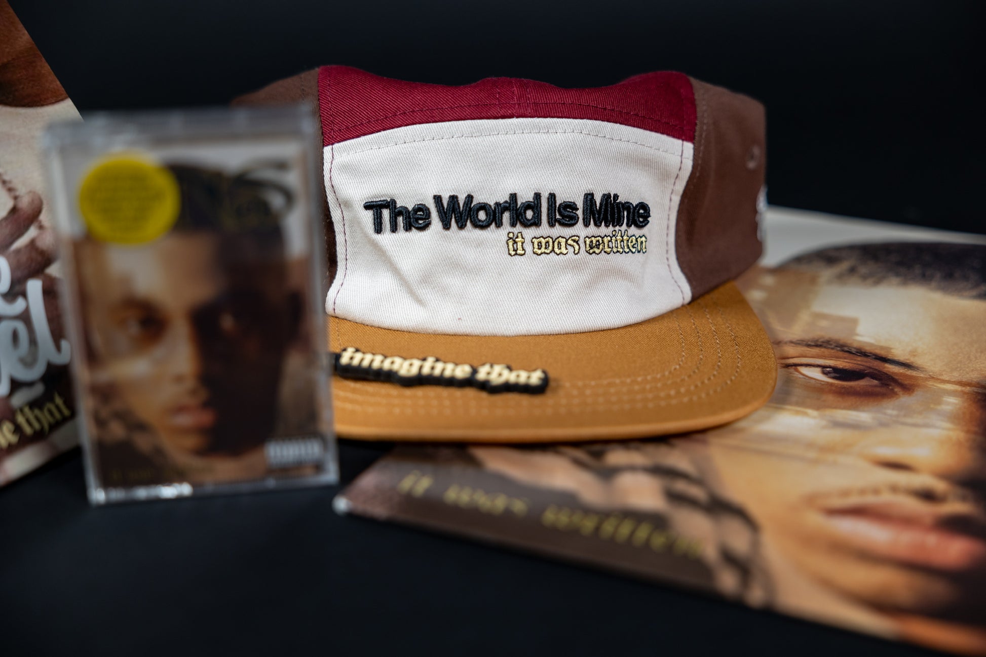 "imagine that" 5ive Panel Hat with cassette and album cover of Nas' "It Was Written", black background