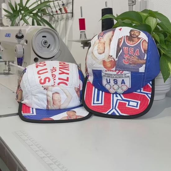 The making of a Red, white and blue 1992 Olympic Kelloggs jacket upcycled into a 5 Panel Hat.